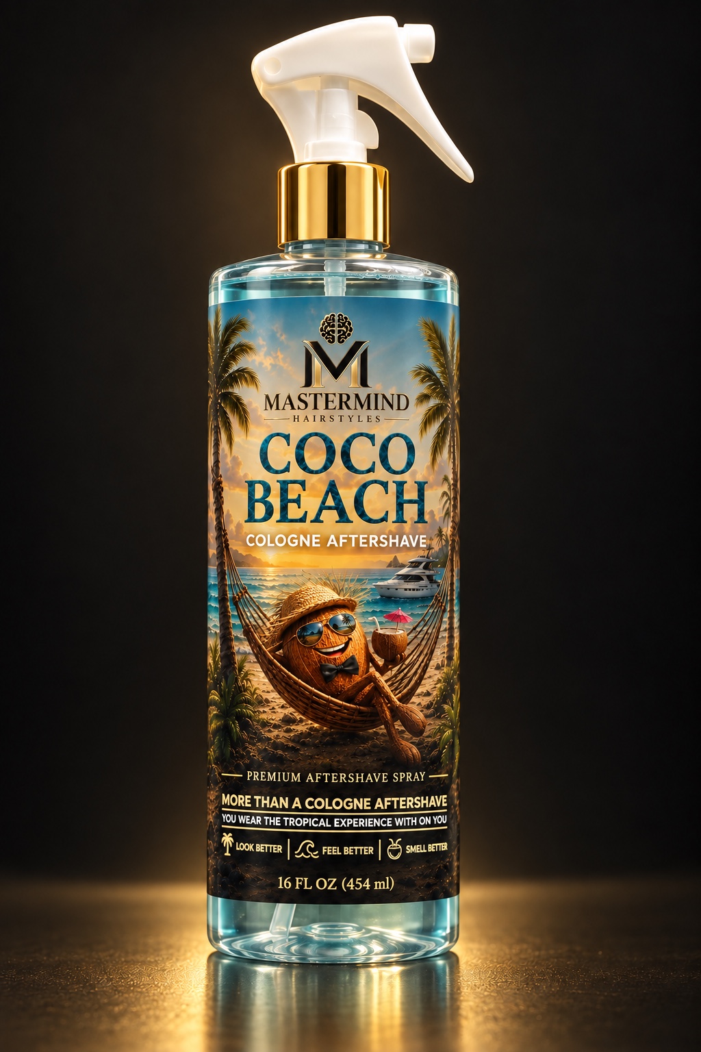 Official Coco Beach Cologne Aftershave bottle with final tropical label, white trigger and gold collar